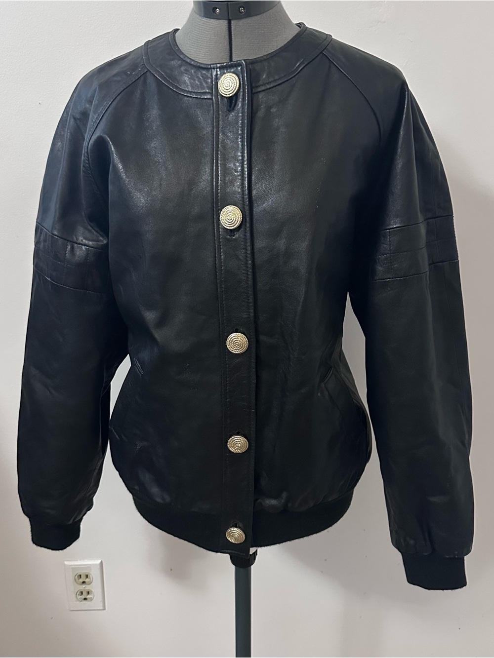 Zara Black Leather Bomber Jacket with Decorative Buttons
